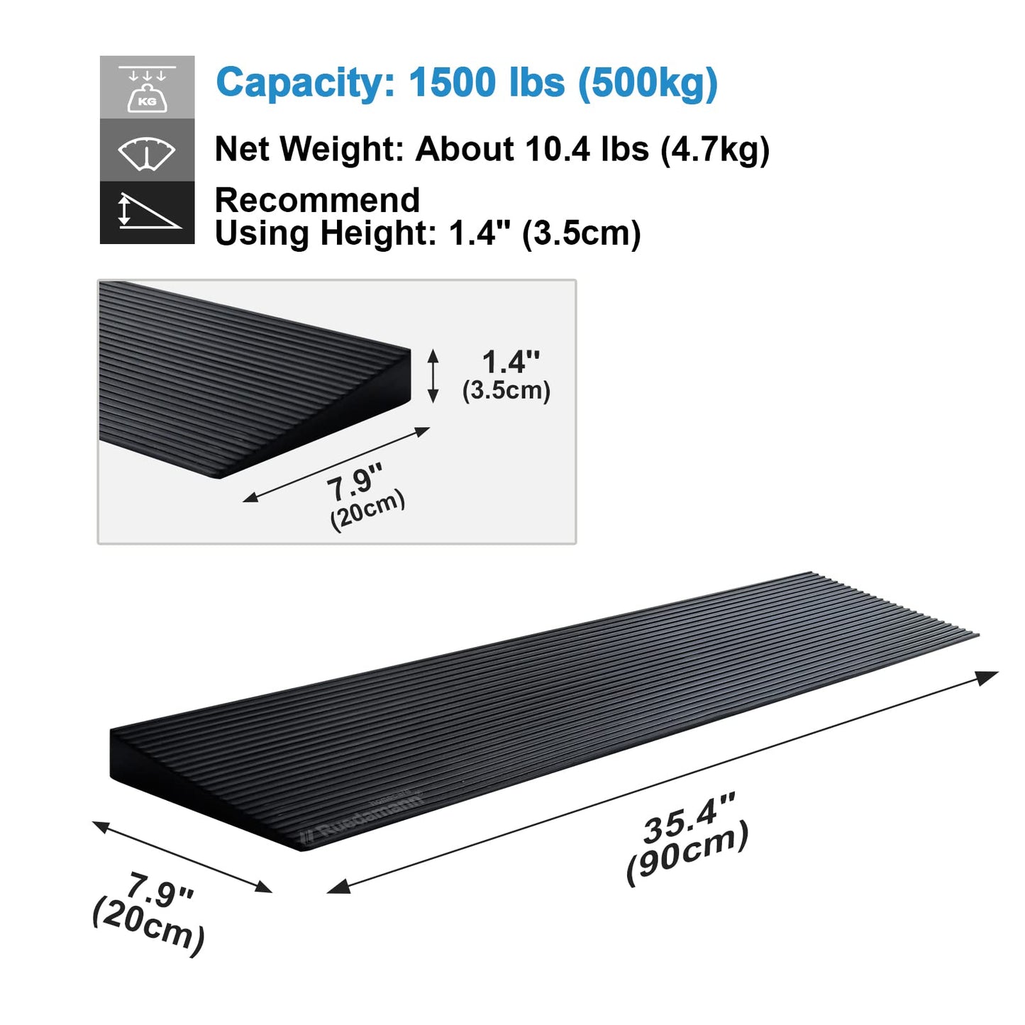 Ruedamann® Natural Rubber Threshold Ramp Power Wheelchair Ramp Non-Slip Solid