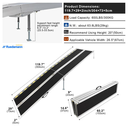 Ruedamann®  Portable Aluminum Wheelchair Ramp 600Lbs Capacity Folding Handicap Ramp Non-Slip