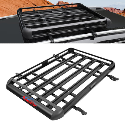 Ruedamann 63" x 39" x 5" Rooftop Rack Cargo Aluminium Basket with Cross Bars, 176 lbs Capacity, Heavy Duty Universal Car Top Luggage Holder Fits for SUV Truck with Side Rails, Black