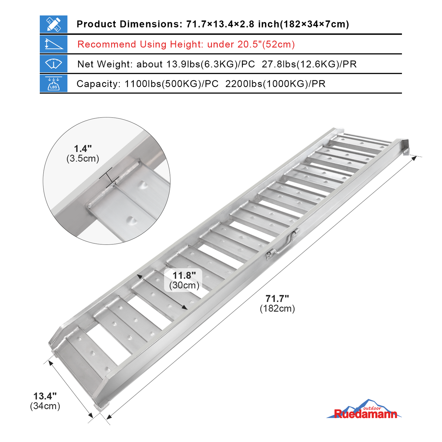 Ruedamann 4Ft Aluminum Loading Ramp 3520 Lbs Capacity Hook End Car Ramp with Load Straps Pack of 2