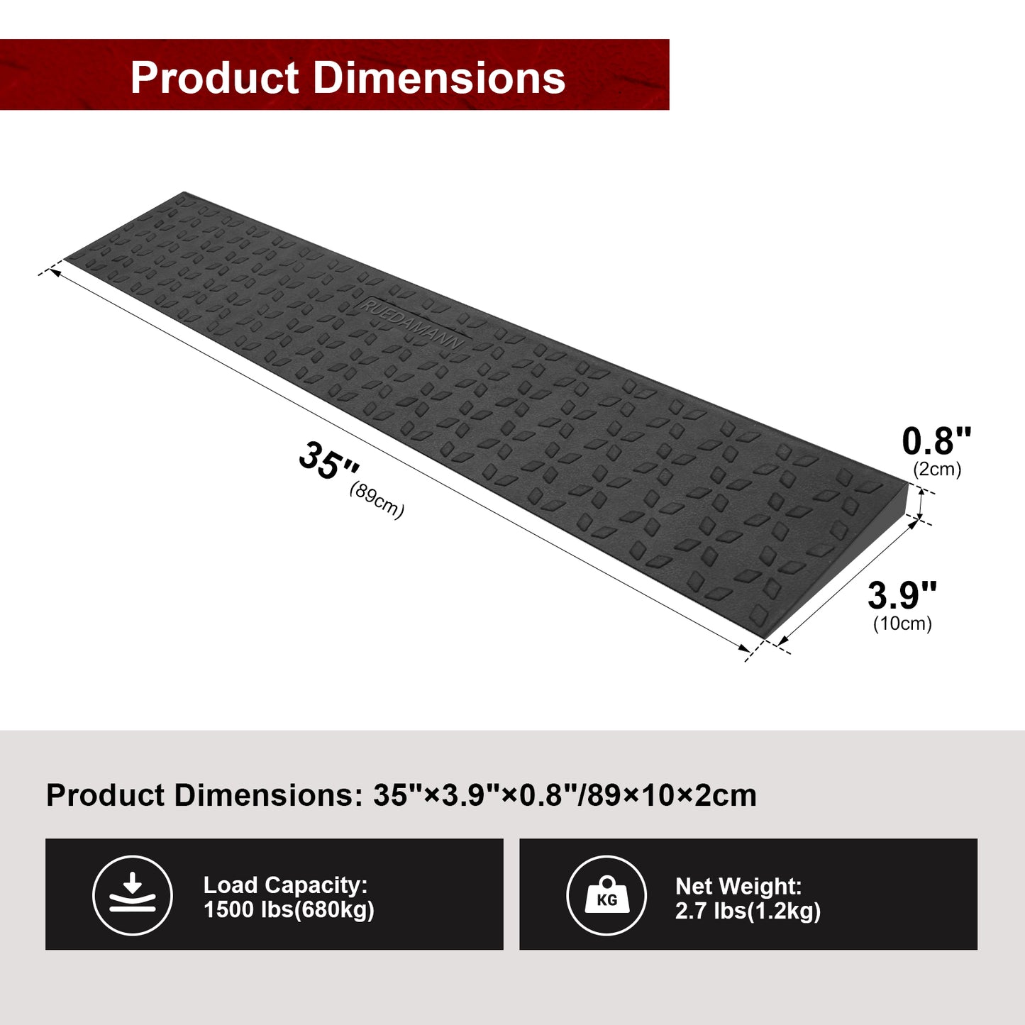 Ruedamann Rubber Threshold Ramps, Door Threshold Ramps for Wheelchairs, 1500 Lbs Capacity, 35" Wide Non-Slip Doorway Ramp, Garage Ramp for Scooter, Power Chairs, Driveways, Cuttable