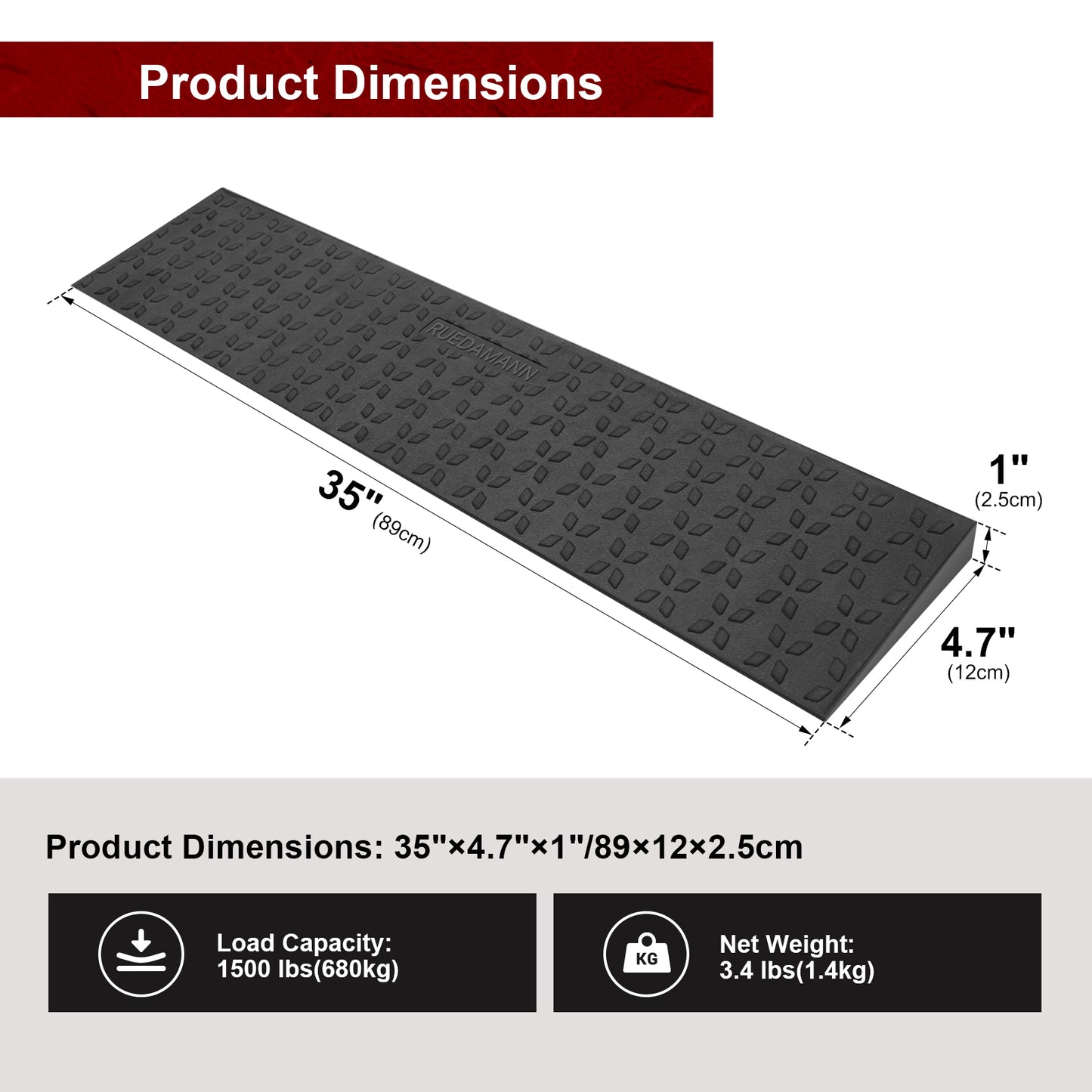 Ruedamann Rubber Threshold Ramps, Door Threshold Ramps for Wheelchairs, 1500 Lbs Capacity, 35" Wide Non-Slip Doorway Ramp, Garage Ramp for Scooter, Power Chairs, Driveways, Cuttable