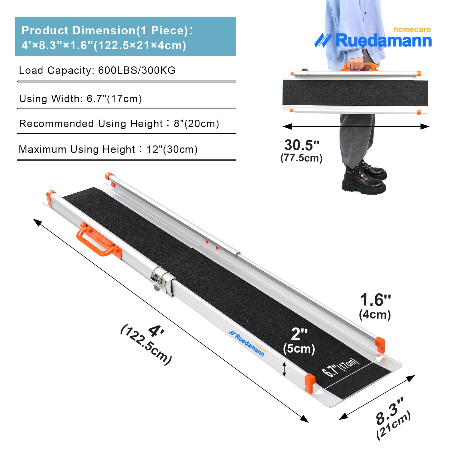 Ruedamann® Adjustable Aluminum Wheelchair Ramp Non-Skid Surface 1 