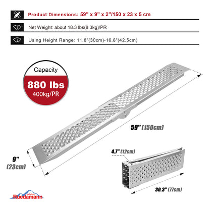 Ruedamann 5FT 2Pcs Aluminum Shed Ramp, 9.4" W Folding Powersports Loading Ramp, 880Lba/PR Capacity, Riding Lawn Mower, Ebike, ATV, UTV, Dirt Bike, Motorcycle Ramp for Pickup Truck Trailers Bed Shed