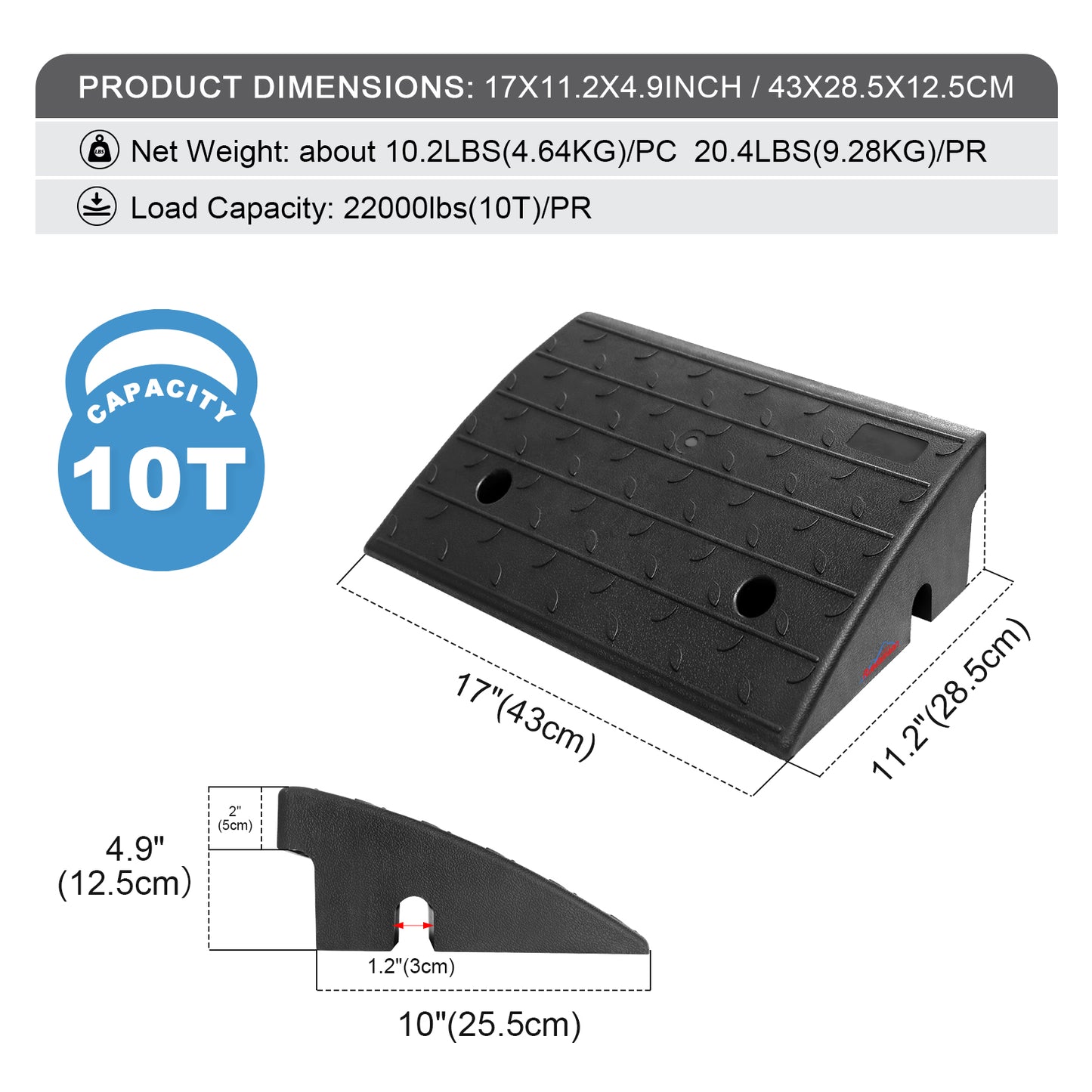 Ruedamann® 5" Rise Height Heavy Duty Driveway Curb Ramps 22000 lbs/10 T Capacity Pack of 2