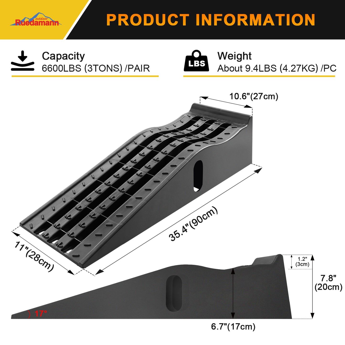 Ruedamann® 6.7" Lift  Plastic Car Service Ramps with a Bearing Capacity of 3 Tons 2PCS