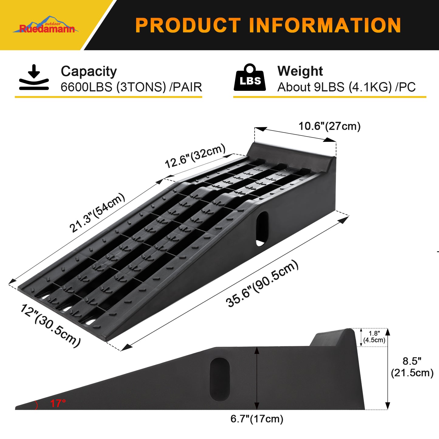 Ruedamann® 2PCS Car Service Ramps 3 Tons Capacity Vehicle Ramps for Maintenance or Oil Changes