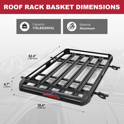 Ruedamann 63" x 39" x 5" Rooftop Rack Cargo Aluminium Basket with Cross Bars, 176 lbs Capacity, Heavy Duty Universal Car Top Luggage Holder Fits for SUV Truck with Side Rails, Black