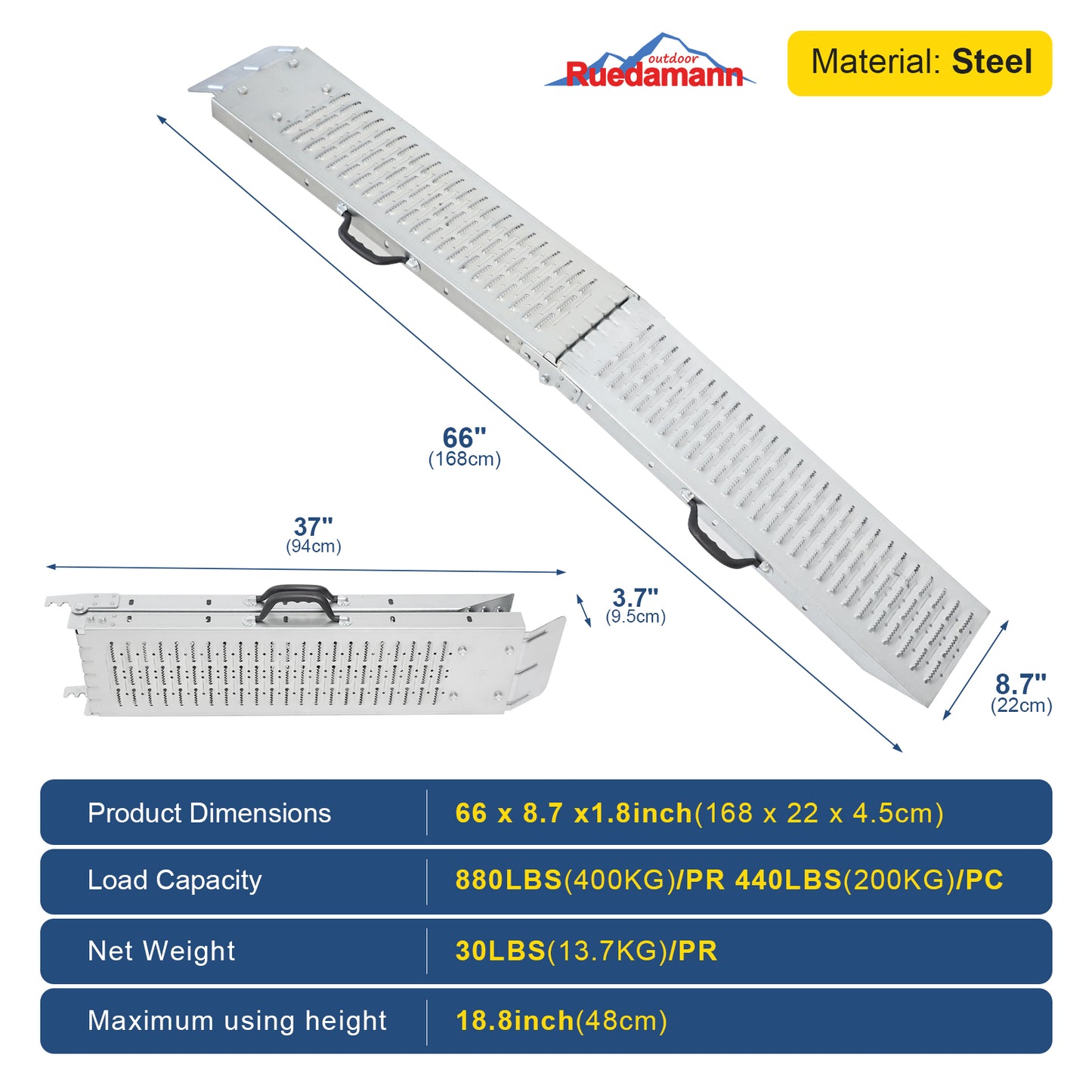 Ruedamann® 880lbs Capacity Loading Ramp, 2PCS Steel Foldable Ramp 66" L Portable Ramp