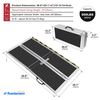 Ruedamann 5'L × 29" W Wheelchair Ramp, 600 LBS Capacity, Non-Slip Threshold Ramp, Portable Aluminum Folding Handicap Ramp, Mobility Ramp for Home, Wheelchairs, Steps, Stairs, Doorways, Curbs