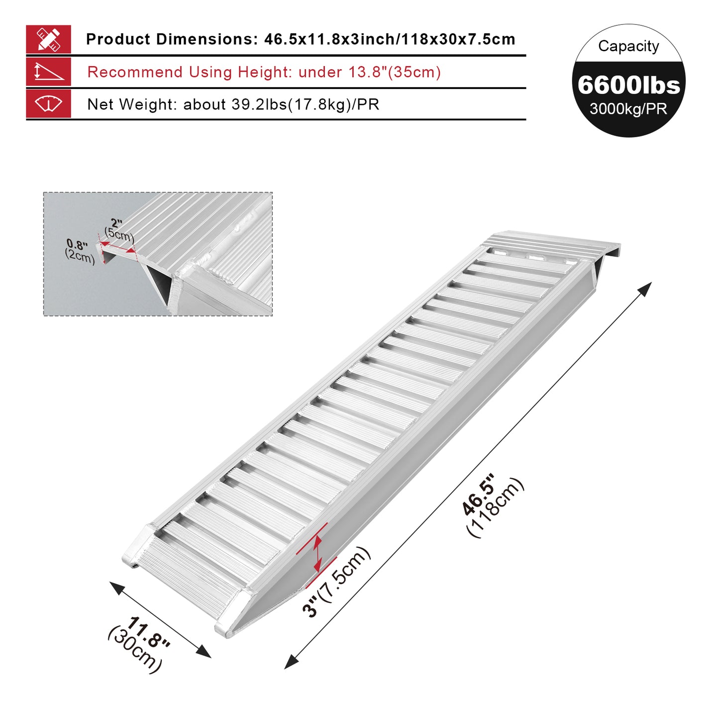 Ruedamann Aluminum Heavy Duty Trailer Ramps, 46.5" L x 11.8" W, 6600 Lbs Capacity, ATV UTV Ramps with Knife & Hook Ends, Car Trailer Ramps, Powersports Loading Ramps for Truck, Auto Hauler, 2Pcs