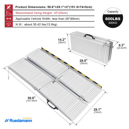 Ruedamann® 5'L × 29" W Wheelchair Ramp, 600 LBS Capacity, Using Height 10" Threshold Ramp, Portable Folding Handicap Ramp, Mobility Ramp for Home, Wheelchairs, Steps, Stairs, Doorways, Curbs