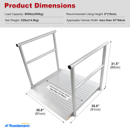 Ruedamann® 3'L x 36" W Aluminum Wheelchair Ramp with Handrails  600 Lbs Capacity