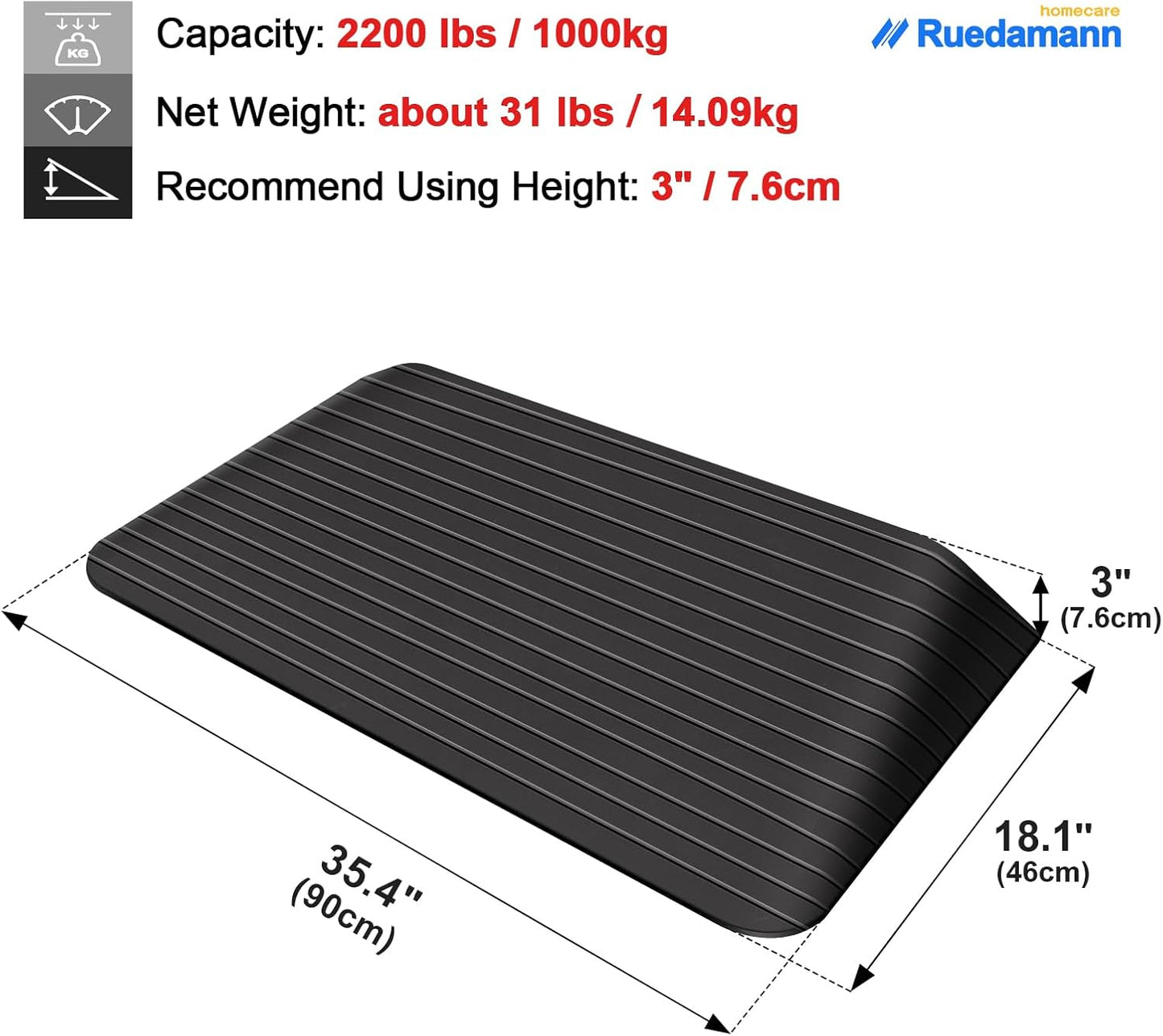 Ruedamann® Threshold Ramp Durable Solid Rubber with Anti-Slip Surface