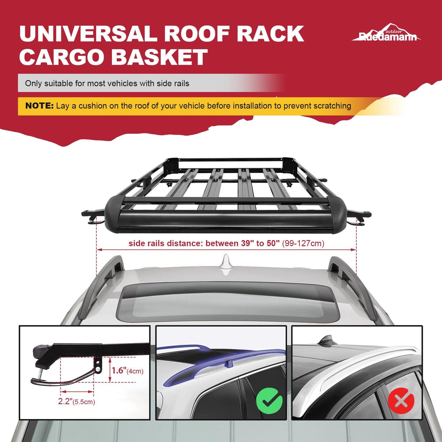 Ruedamann 63" x 39" x 5" Rooftop Rack Cargo Aluminium Basket with Cross Bars, 176 lbs Capacity, Heavy Duty Universal Car Top Luggage Holder Fits for SUV Truck with Side Rails, Black