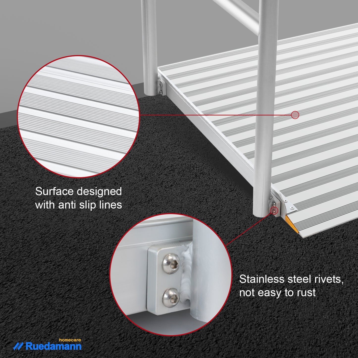 Ruedamann® 3'L x 36" W Aluminum Wheelchair Ramp with Handrails  600 Lbs Capacity