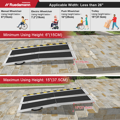 Ruedamann 5'L × 29" W Wheelchair Ramp, 600 LBS Capacity, Non-Slip Threshold Ramp, Portable Aluminum Folding Handicap Ramp, Mobility Ramp for Home, Wheelchairs, Steps, Stairs, Doorways, Curbs