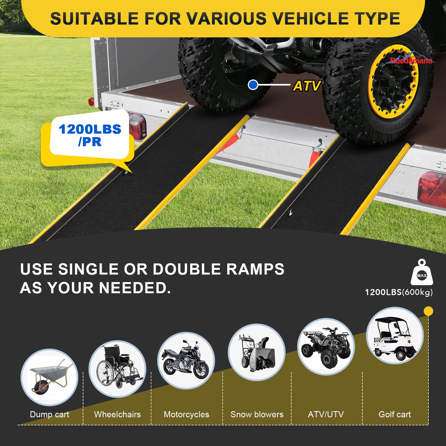 Ruedamann® 1 Pair 4'L × 11.2" W 600 lbs Capacity Portable Aluminum Loading Ramp with Non-Slip Surface