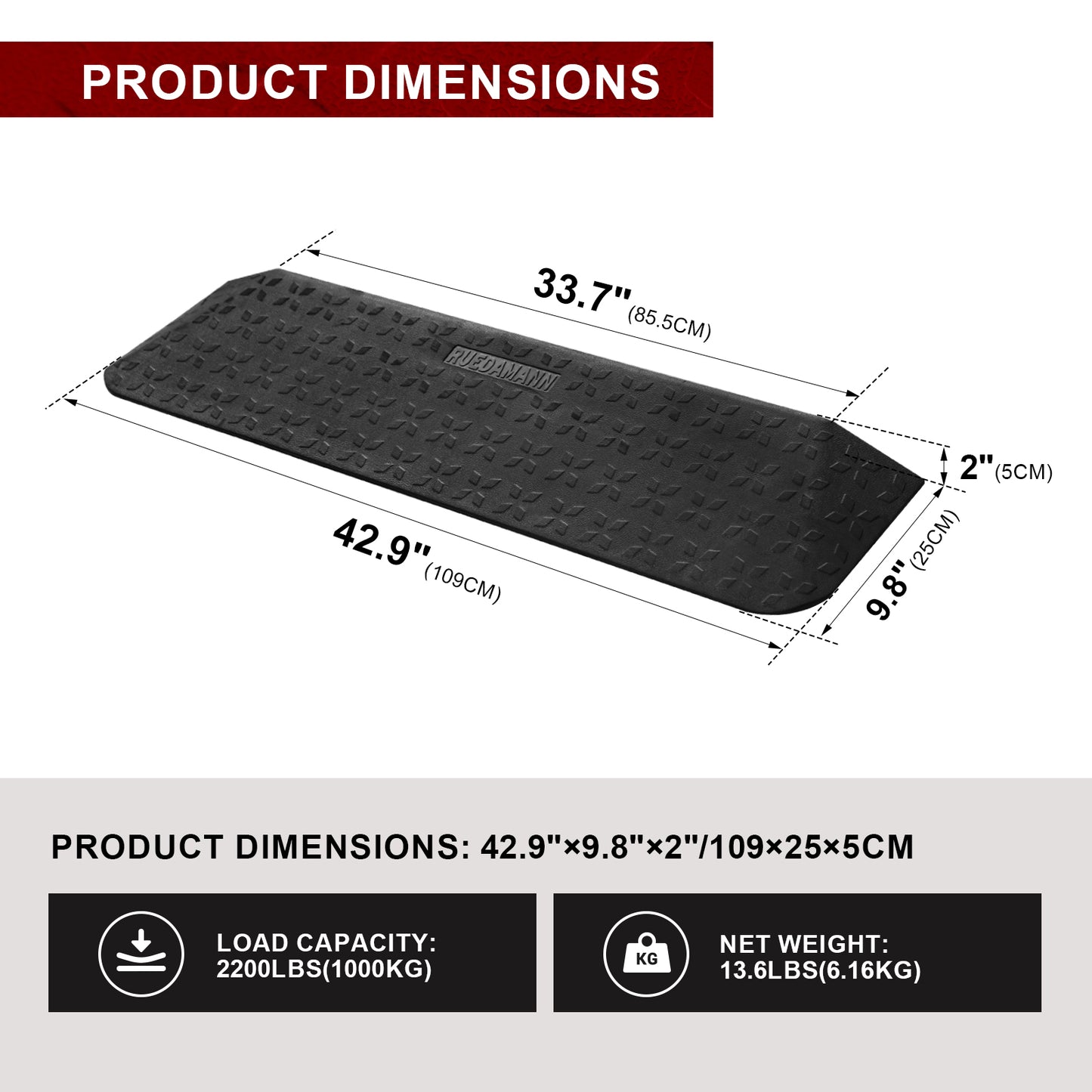 Ruedamann®  Rubber Threshold Ramp, 42.9" Wide Wheelchair Ramp, 2200 Lbs Capacity