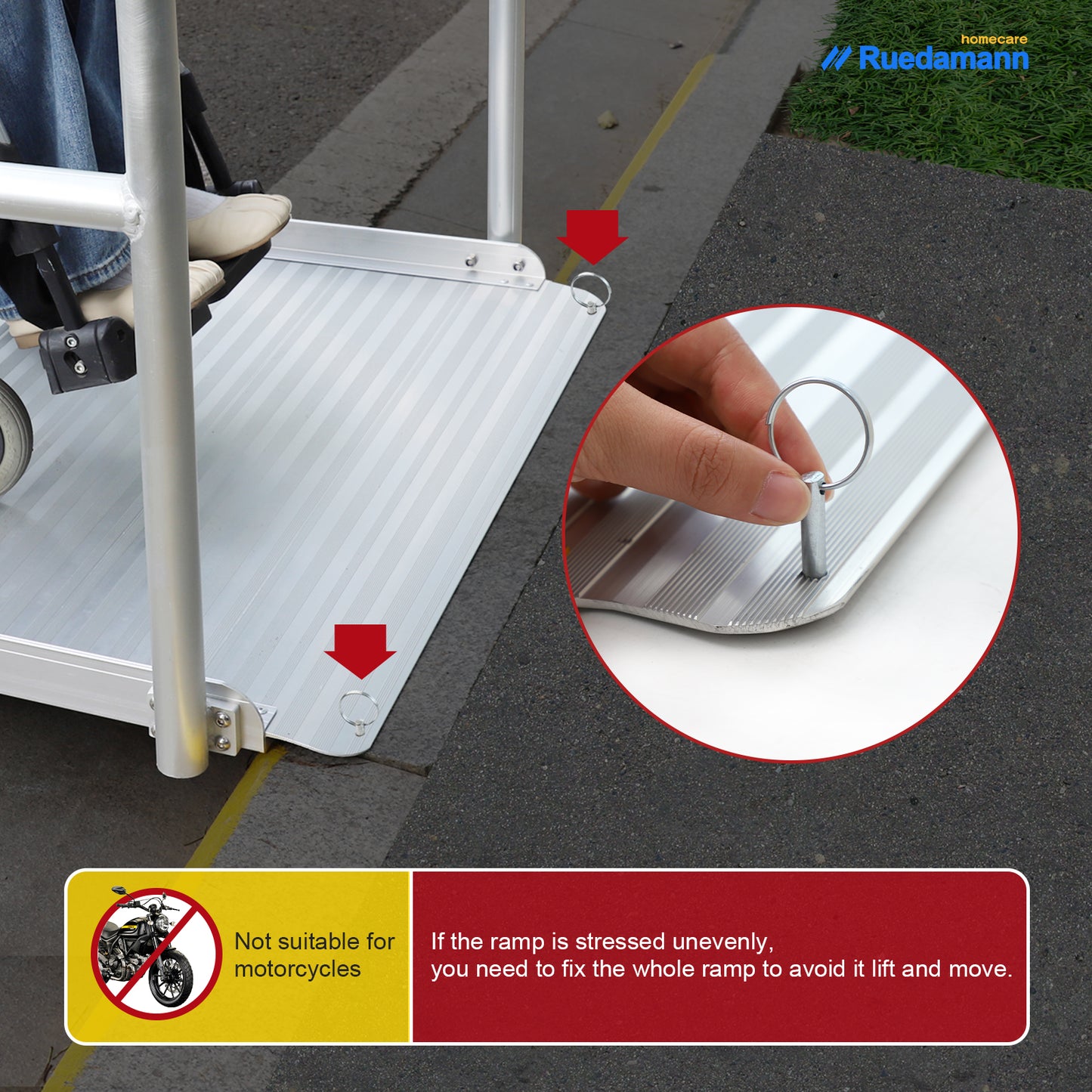 Ruedamann® 3'L x 36" W Aluminum Wheelchair Ramp with Handrails  600 Lbs Capacity