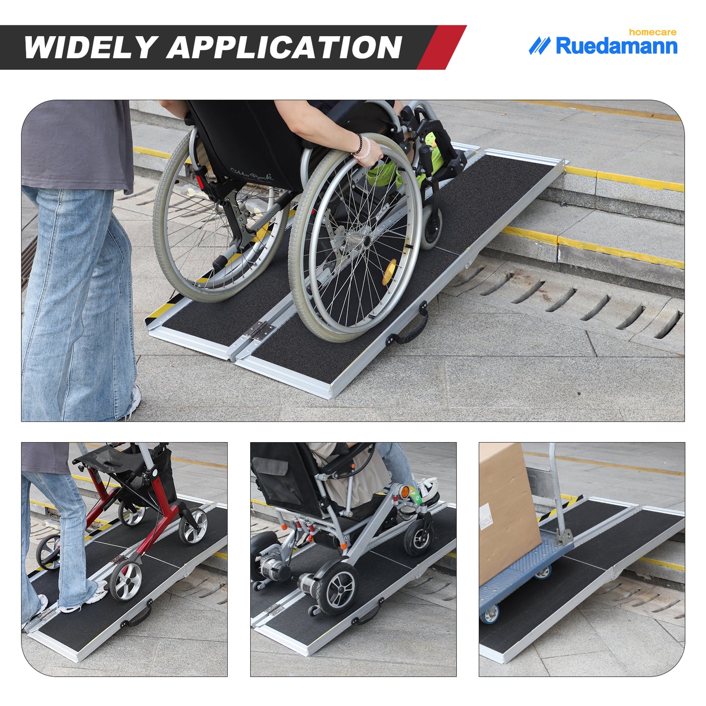 Ruedamann 5'L × 29" W Wheelchair Ramp, 600 LBS Capacity, Non-Slip Threshold Ramp, Portable Aluminum Folding Handicap Ramp, Mobility Ramp for Home, Wheelchairs, Steps, Stairs, Doorways, Curbs