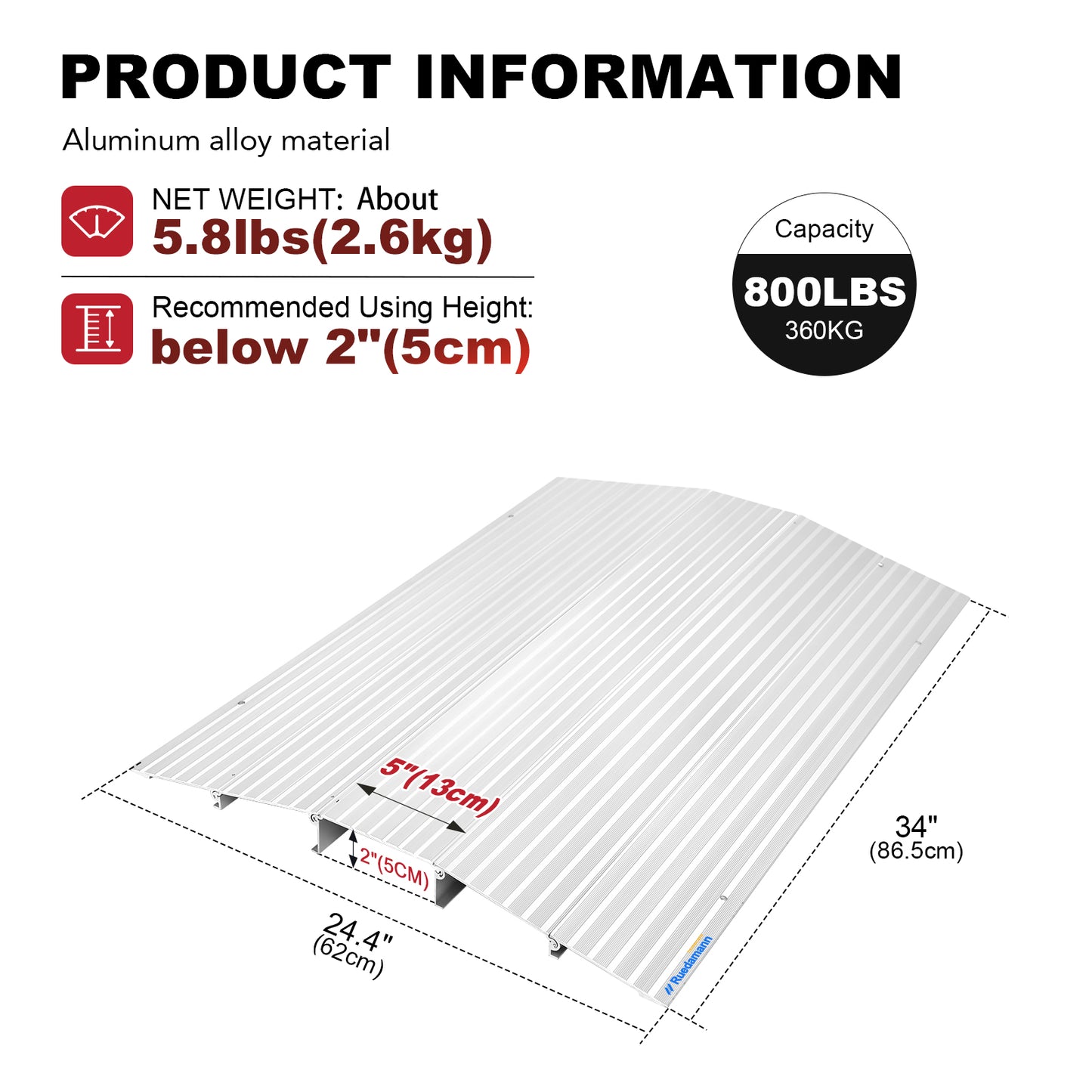 Ruedamann Bridge Threshold Ramp, 34" Wide Modular Aluminum Entry Ramp, Adjustable Wheelchair Ramp, 800Lbs Capacity, Transition Door Ramp for Sliding Door, Patio Door, Scooters, Power Chairs