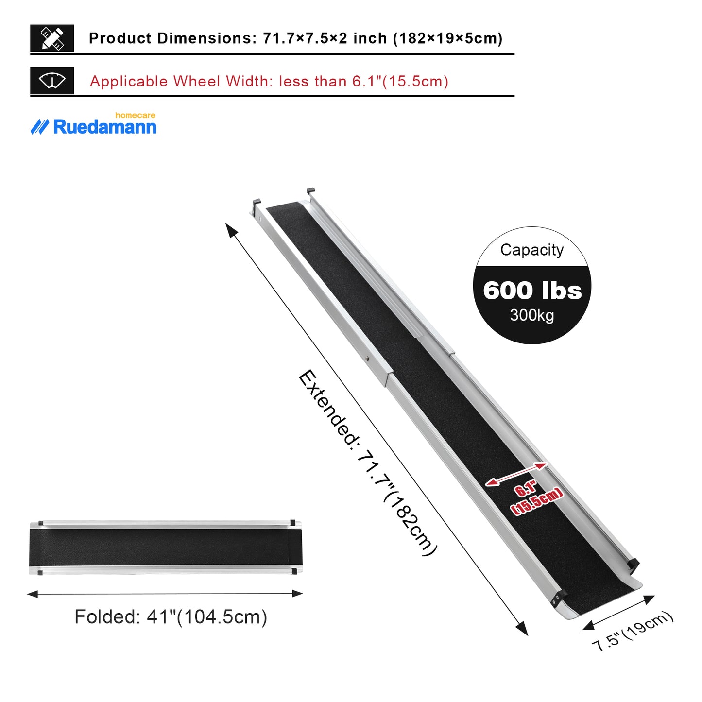 Ruedamann 6FT Telescoping Wheelchair Ramp, Usable Width 6.1", 600Lbs Capacity, Adjustable Wheelchair Ramp, Aluminum Non-Skid Ramps for Home, Steps, Stairs, Doorways, Portable Handicap Ramp, 2 Packs