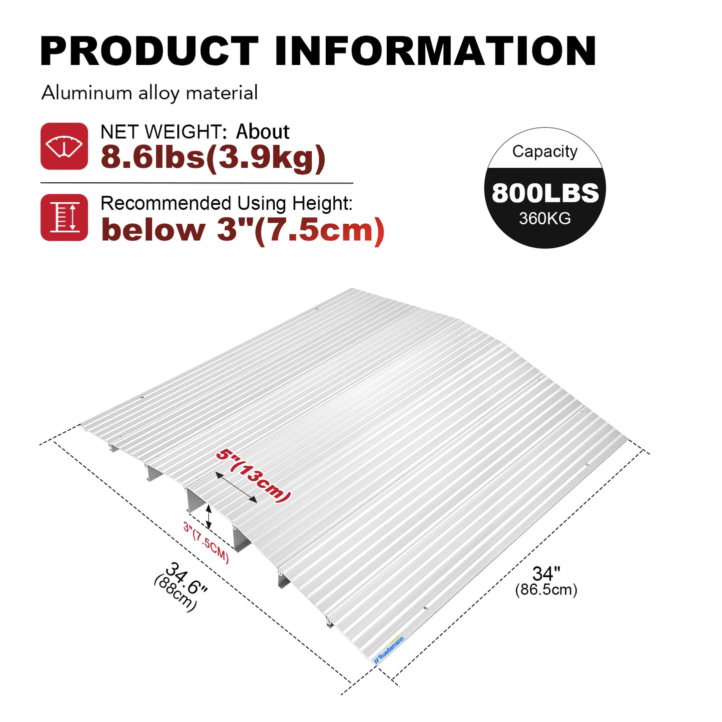 Ruedamann Bridge Threshold Ramp, 34" Wide Modular Aluminum Entry Ramp, Adjustable Wheelchair Ramp, 800Lbs Capacity, Transition Door Ramp for Sliding Door, Patio Door, Scooters, Power Chairs