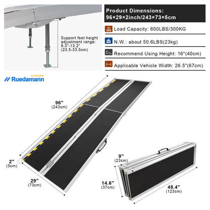 Ruedamann®  Portable Aluminum Wheelchair Ramp 600Lbs Capacity Folding Handicap Ramp Non-Slip