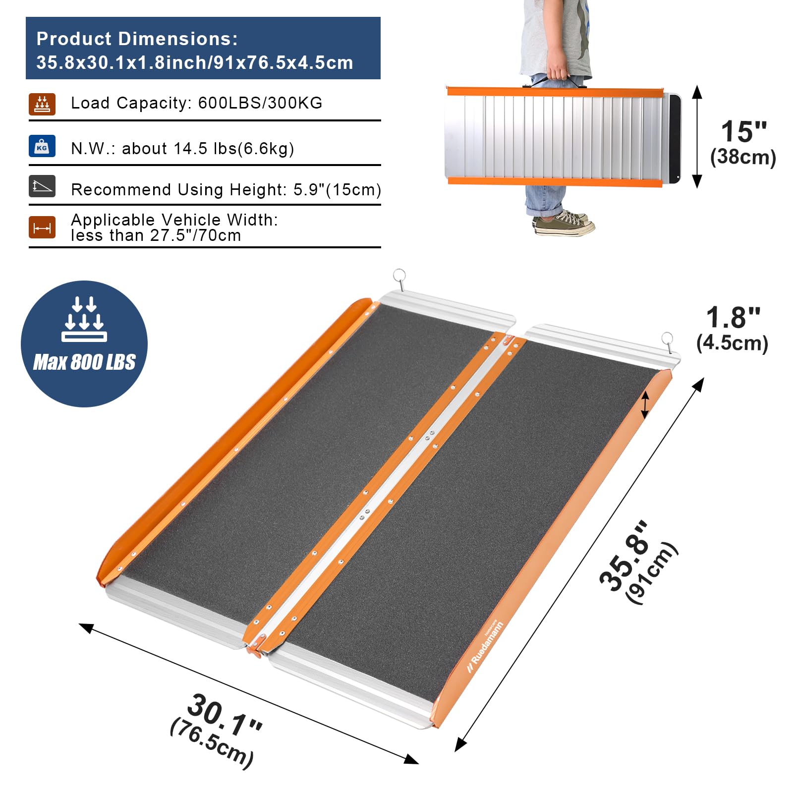 Ruedamann® Folding Wheelchair Ramp with Non-Skid Surface Aluminum